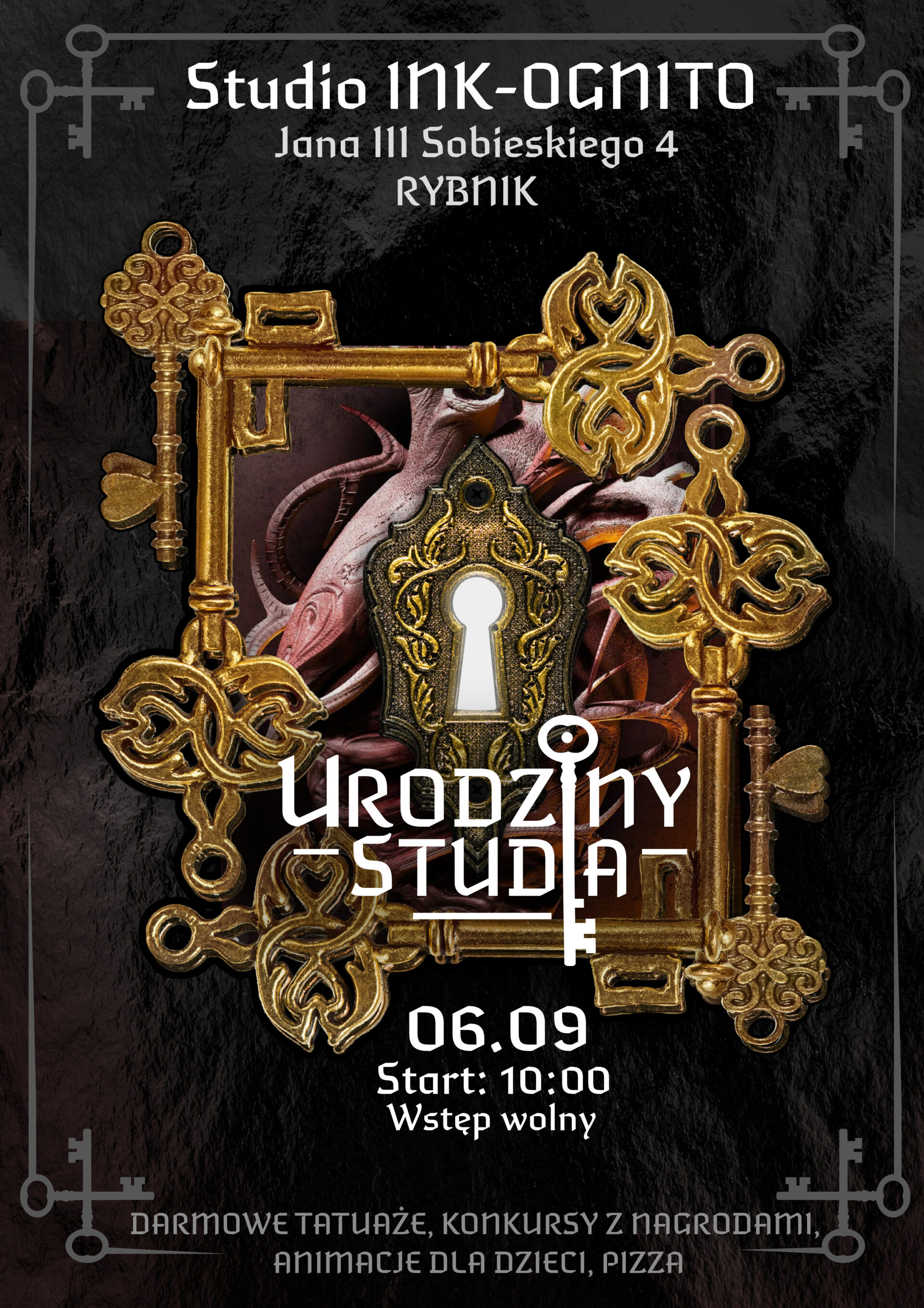 Zaproszenie na urodziny INK-OGNITO TATTOO w Rybniku – darmowe tatuaże, konkursy, piercing