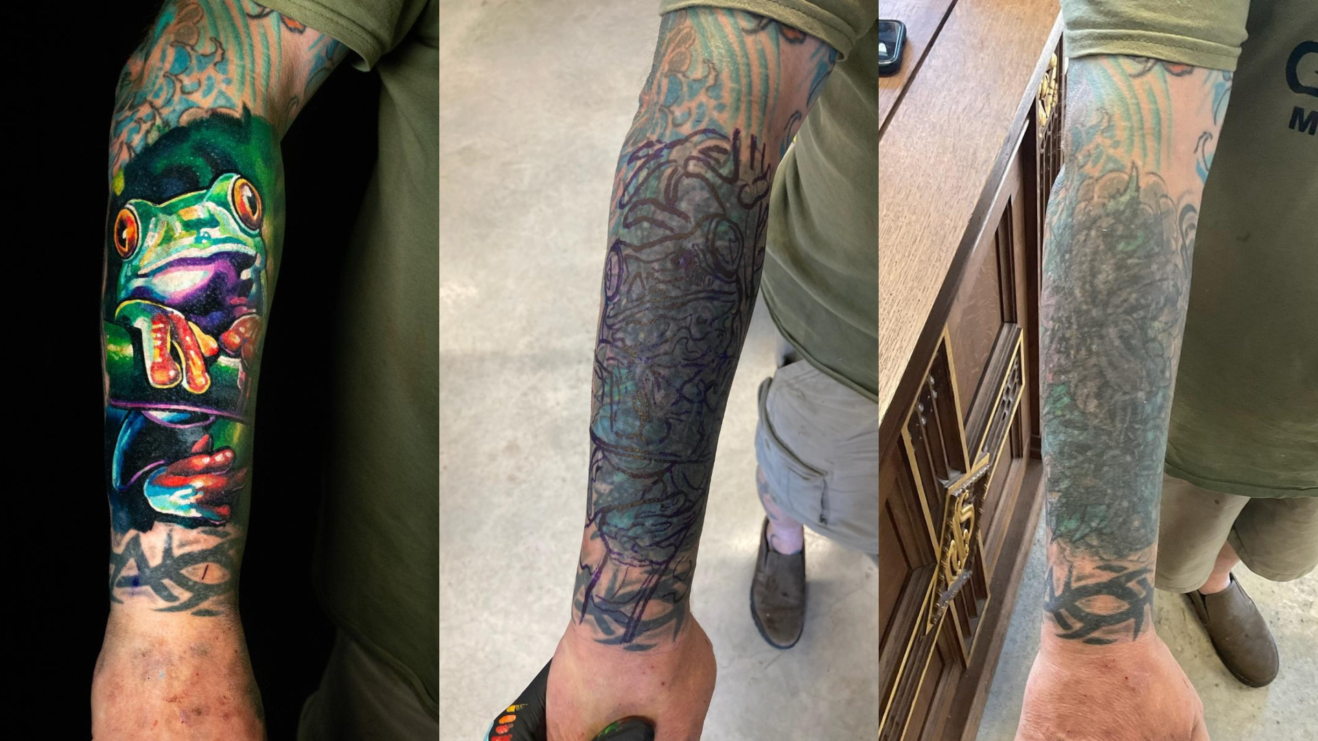Cover up tatuażu w INK-OGNITO Tattoo Rybnik – proces zakrywania starego tatuażu: stary wzór, projekt cover-upu i efekt końcowy po sesji